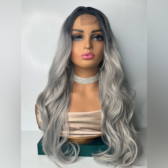 Balayage Gray - Dark Roots Wavy Front Closure Wig 30” - Picture 2 of 6